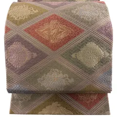 袋帯 名品 向かい鳥 華文 箔 唐織 茶紫 六通 正絹 【中古】