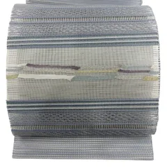 【美品】 名古屋帯 秀品 夏帯 絽 八寸名古屋帯 トンネル仕立て 幾何学模様 縞 金銀糸 青灰色 正絹 【中古】