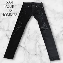5351POUR LES HOMMES ゴーサンゴーイチ クラッシュ ダメージ スキニー デニム パンツ 44 ブラック 黒 レザーパッチ スリム 日本製 02350050031 Y2K アーカイブ グランジ お兄系 ロック パンク モード B1147のサムネイル