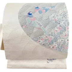 名古屋帯 優品 鳥 草花 箔 クリーム 正絹 【中古】のサムネイル