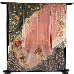 【美品】 振袖 身丈156cm 裄丈66.5cm M 袷 糸巻き 桜 金糸 金彩 茶緑色 正絹 優品 【中古】