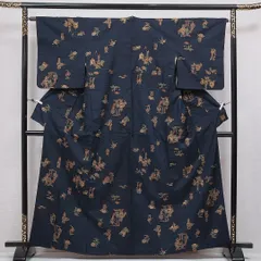 小紋 袷 身丈163cm 裄丈64cm 正絹 Aランク インフォーマル 広衿 Lサイズ 花瓶 シック 遊び心 紺系 RP 1221-16656