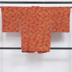 道行コート 袷 身丈85cm 裄丈65cm 正絹 Aランク セミフォーマル Mサイズ ポケットあり 丸文 異国風 ポップ 赤系 RP 1237-16855