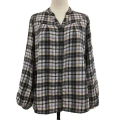 シュカ Shuca GLOBAL WORK シャツ ブラウス スキッパー チェック 長袖 L 黒 青 ブラック ブルー