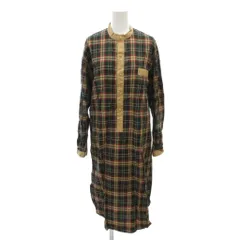 ダックス DAKS 美品 シャツワンピース チェック柄 バンドカラー 長袖 M 緑 グリーン ベージュ 赤 レッド /YJ ■GY60