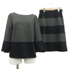 ダブルビー wb セットアップ カットソー スカート ウール 40 グレー 黒 ブラック ラウンドネック 長袖 カラーブロック ボーダー柄 ひざ丈 /PP ■GY58