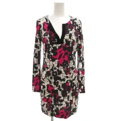 ダイアンフォンファステンバーグ DIANE von FURSTENBERG 長袖ワンピース 絹 シルク 2 ひざ丈 黒 ブラック ピンク ドット柄 Vネック /GV ■GY53