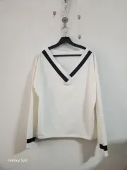 Vネック バイカラー 長袖 Tシャツ 白