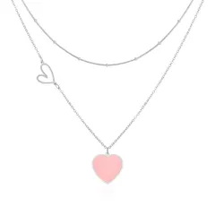 [Linawe] ピンク ネックレス レディース、アクセサリー ネックレス チェーン プラチナ シルバー、ステンレススチール ネックレス、かわいい ハート ペンダント チタンネックレス、レディース ジュエリー、プレゼント 女性 0