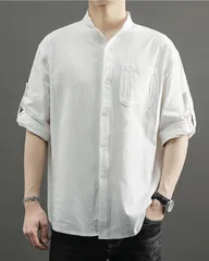 メンズ スタンドカラー シャツ リネン混 半袖 通気性 軽量 カジュアル きれいめ 無地 着回し 夏用トップス