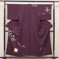 付下げ 袷 身丈153cm 裄丈63cm 正絹 Sランク 一つ紋（丸に中陰蔦） セミフォーマル 広衿 Sサイズ 紅型 唐子 椿 伝統的 存在感 紫系 RP 1218-16999
