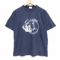 L/古着 半袖 ビンテージ Tシャツ メンズ 80年代 80s 船 コットン クルーネック 紺 26apr02