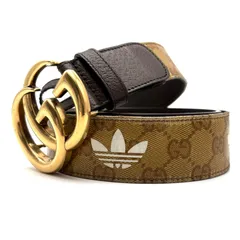 美品 GUCCI グッチ adidas アディダス コラボ インターロッキングG ベルト GGクリスタル キャンバス レザー ブラウン ベージュ ホワイト トレフォイユ ロゴ メンズ レディース ユニセックス