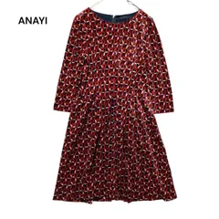 ●棚番号V-1 ANAYI アナイ　レトロ　幾何学模様　ワンピース　ベロア　総柄　七分袖　八分袖　膝丈　36サイズ Ｓ　黒×赤系　レディースのサムネイル