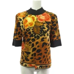 レオナール ファッション ニット セーター 半袖 ウール シルク レパード花柄 茶 L