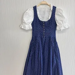 ヨーロッパヴィンテージ 小花柄チロルワンピース チロリアンワンピース　ブルー フロントボタン ギャザー フレア ドレス レトロ クラシカル 民族調