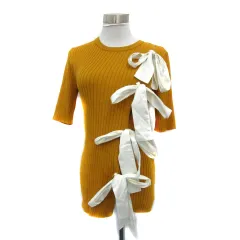 ルシェルブルー LE CIEL BLEU リブニット カットソー 五分袖 ラウンドネック 無地 リボン カットアウト 36 S オレンジ 白 ホワイト /YS27