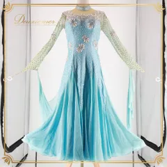 社交ダンス 衣装 ドレス ワンピース ブルー系 水色 白 フロート レース フリル ビジュー ラインストーン デモ 競技用 明るい ふんわり かわいい 上品 ダンス衣装 イベント 舞台 ホワイト系