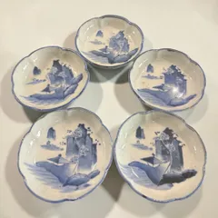 江戸時代後期 希少 [五客揃] 手描き 時代物 小皿 和食器 山水文 手描き アンティーク 膾皿