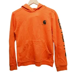 Carhartt カーハート パーカー プルオーバー オレンジ L 14-16 袖ロゴ フーディ 裏起毛 古着 ダメージあり 汚れあり 長袖 ワンポイント ロゴ スウェット キッズ レディース メンズ ユニセックス 秋冬 人気