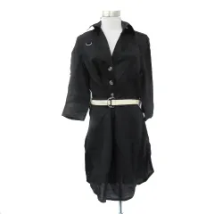 ザラ ベーシック ZARA BASIC シャツワンピース ミモレ丈 七分袖 スキッパーカラー 麻 ラミー ウエストベルト付き S 黒 ブラック 白 ホワイト /YS17