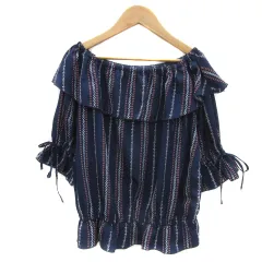 ナイスクラップ NICE CLAUP ブラウス カットソー 七分袖 ラウンドネック 総柄 フリル リボン マルチカラー 紺 ネイビー /YS37