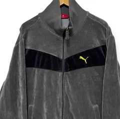 古着 00s archive PUMA プーマ 刺繍ロゴ ベロア スポーツ ジャージ トラックジャケット 灰色 グレー×ブラック