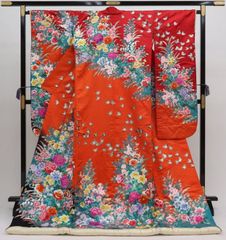 豪華牡丹梅文様 振袖 金通し生地 白系 古典柄 正絹 金彩 成人式 晴れ着