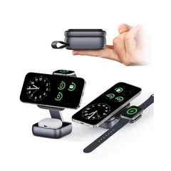 3in1 超ミニ 第2世代 Qi 充電器，3折りたたみ超軽量 MagSafe対応ワイヤレス充電器 Apple専用，20W 急速【iPhone 15W・AirPods 5W・Apple Watch 3W を同時充電】，強化版半導体冷却板内蔵，スマホスタンドで 0