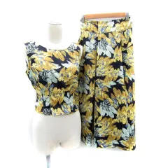 ラボラトリーワーク laboratory work セットアップ 上下 カットソー ノースリーブ ショート丈 リボン フレアスカート ロング丈 マキシ丈 総柄 M 紺 ネイビー 黄 イエロー /SY19