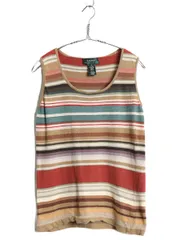 90s ローレン ラルフローレン サマーニット ノースリーブ トップス レディース M オールド ポロ リネン コットン ボーダー カットソー 薄手