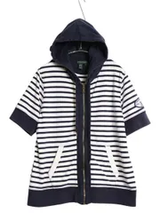 00s ラルフローレン ボーダー 半袖 フード パーカー レディース L ポロ オールド フルジップ ストレッチ カットソー  マリン 前開き 重ね着