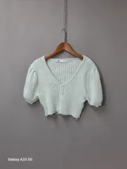 ZARA パフ 半袖 クロップド ニット カーディガン