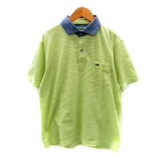 クロコダイル CROCODILE ポロシャツ 半袖 ポロカラー ボーダー柄 ロゴ刺繍 M 黄緑 ライトグリーン /SY42