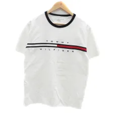 トミーヒルフィガー TOMMY HILFIGER Tシャツ カットソー クルーネック 半袖 ロゴ刺繍 XL オフホワイト 紺 ネイビー /HO44