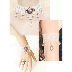 【新品】 【ぴぴっと】 ピンクローズ レース アクセサリー 白 チョーカー アームレット フィンガーブレスレット 結婚式 コスプレ パーティー ホワイト 3点セット 1