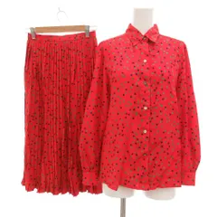 エル ELLE セットアップ シャツ ブラウス スカート トランプ柄 長袖 プリーツ ミモレ ロング 9 赤 レッド /JS