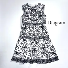kY44 Diagram コード刺繍フレアワンピース 膝丈 ワンピース ラグジュアリー クルーネック ドレスサイズ36 S アイボリー 黒 ダイアグラム GRACE CONTINENTAL グレースコンチネンタル