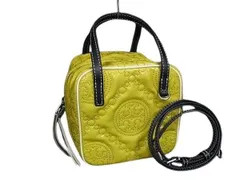 TORY BURCH トリーバーチ ハンドバッグ Tモノグラム キューブバッグ イエロー ブラック パテントレザー レザー レディース エンボス 2WAY 美品