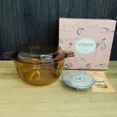 極美品 VISION ビジョン 超耐熱ガラス 卓上鍋 24cm スチーマー（蒸し器）付 蓋付 iwakiのサムネイル