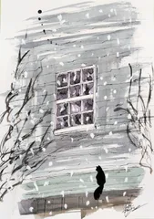 原画#466 黒猫 猫 雪 ニューヨーク 水彩画 ドローイング インテリア