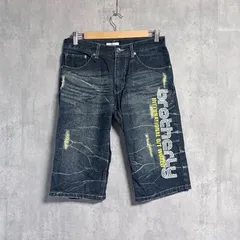 Nylaus ナイラス Y2K ストリート デニム ハーフパンツ W82 インディゴ 濃紺 ギミック ダメージ加工 プリント 刺繍 フェザー 葉 ショートパンツ メンズ 古着 archive 00s 90s【雰囲気抜群】のサムネイル