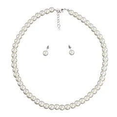 [AREUM] ホワイト パール ネックレス＆ピアス セット 8mm 42cm~48cm アジャスターチェーン 冠婚葬祭 フォーマル レディース ジュエリー セット 1