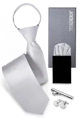 【特価セール】[HISDERN] ワンタッチ 結婚式 ネクタイ 4点セットメンズ【チーフ&タイピン&カフスボタン付き】 3秒装着 シルバー ロック機能付き 婚礼用 ギフトボックス