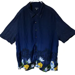 CHM GEORGE 半袖シャツ アロハシャツ ネイビー 花柄 ボーダープリント レーヨン100% 3XL ビッグサイズ オーバーサイズ メンズ レディース ユニセックス 古着