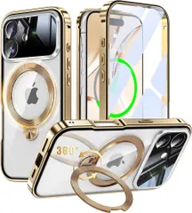 iPhone 17 用 両面 MagSafe対応 ケース アイフォン17 フルカバー 【90°確実に自立 × 360°回転】 ゼンマイ式スタンド 縦横多角度 Uovon スマホケース アイホン17 全面保護 カバー ガラス CD紋リングスタンド ゴールド
