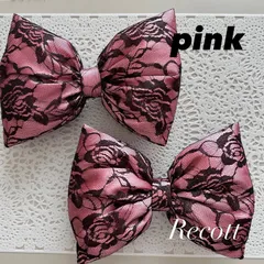① 21×15cm  体育祭 文化祭 盛り髪 リボン ピンク×黒バラレース 2個セット！