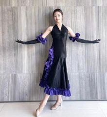 フラメンコ 衣装 ワンピース ドレス 水玉 ドット フリル 黒 紫 シージョ フラメンコ 衣装 ワンピース ドレス 水玉 ドット フリル 黒 紫