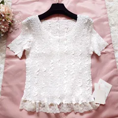 新品タグ付き ユキトリイ YUKI TORII プリーツ シワ加工 レース 半袖 カットソー Tシャツ ホワイト 白 40 Lのサムネイル