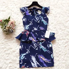 新品 アンディ Andy ペプラム ヒューマン柄 ウエストリボン フリル袖 タイトミニ丈キャバドレス ネイビー S